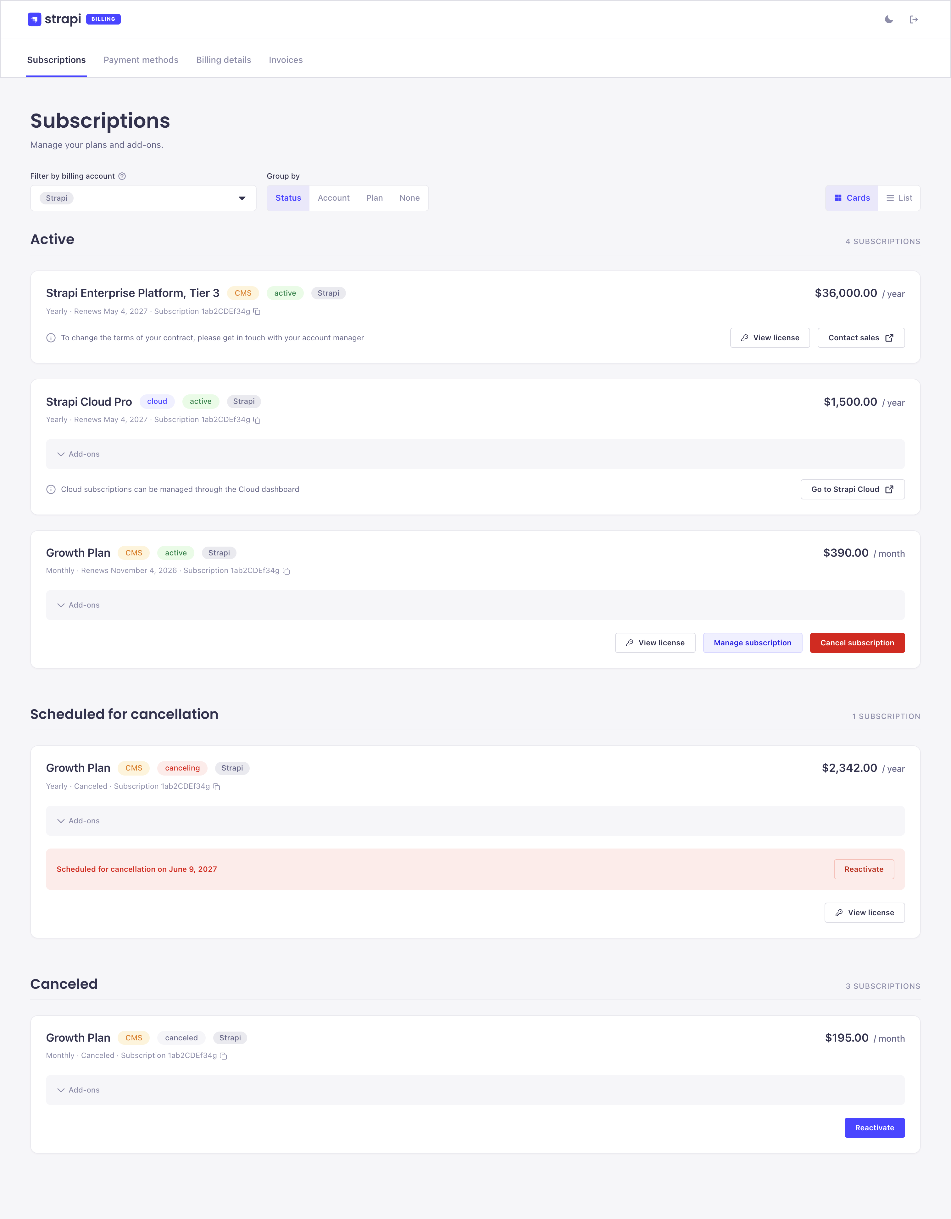 Billing portal screenshot: subscriptions